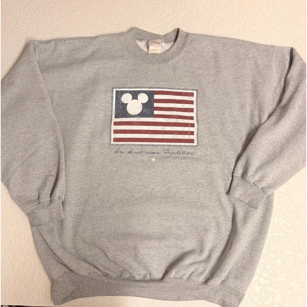 Disney Mickey Mouse American Flag Crewneck Sweatshirt Gray XXL